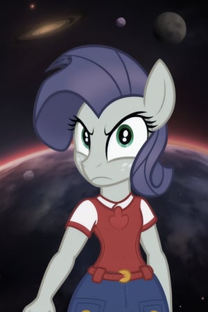 1girl, mlp, rarity, purple hair, whitr fur, standing, grumpy, front view, ((background is empty space without end, huge space)).