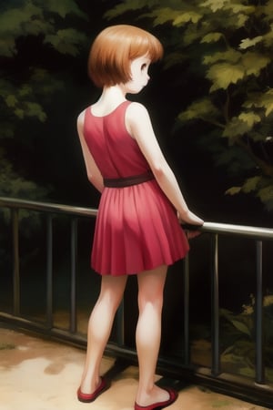 ((masterpiece, best quality, official art, hdr, high contrast, view from the back)), 1girl, solo, tiny girl, short, thin, short hair, tight clothes, pink summer dress, zoo, stand back, lean on the railing, look at animal enclosure,