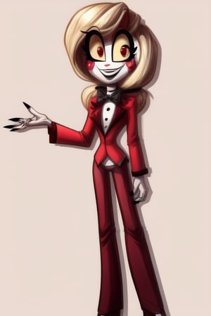charlie morningstar, masterpiece, best quality, ((High detailed)), perfect body, ((very skinny, thin)), girl, ((white plain background)), full body, ((very tall, long legs)), narrow waist, white skin, blonde hair, demon, yellow eyes, red pupils, (red circles on the cheeks), thick makeup, long arms, red jacket, burgundy pants, sharp black and white heels, bow tie, (white shirt under the jacket), (a dot as a nose), black nails, long sleeves, smiling, cheerful, bangs, tied up hair, long hair