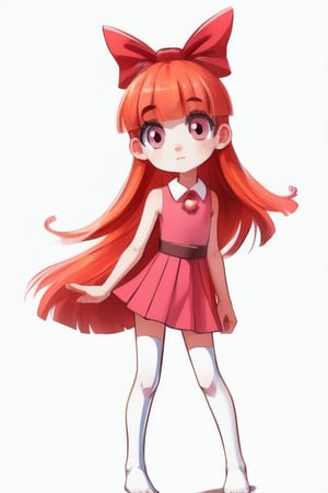 1girl, human, (blossom:1.5), orange hair, blunt bangs, straight hair, pink eyes:1.2), (hair bow, red bow, sleeveless pink dress, white thighhighs:1.2), (white background, plain background), ((skinny, young)),