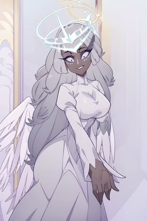 ((masterpiece, best quality, 1girl, solo)), angel, dark skin, grey skin, halo, glowing halo, full body, standing, dark eyes, dark thick eyelashes, long dress, dress, gradient hair, grey hair, smile, happy, face dots, covered neck, sera, wings, multiple wings,