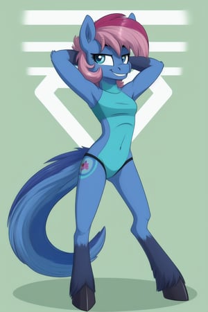 1girl, mlp, anthro pony, furry, blue fur, pink hair, bangs, straight hair, long tail, fluffy curly tail, stand, hooves, proud expression, smirk, hands behind the head, full body, ((extreme skinny, unhealthy skinny)),