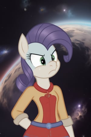 1girl, mlp, rarity, purple hair, whitr fur, standing, grumpy, front view, ((background is empty space without end, huge space)).