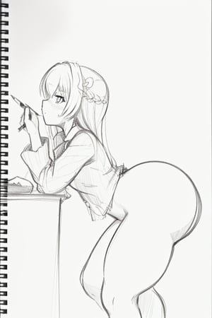 ((sketch, pencil sketch, monochrome)), 1girl, solo, (from side, perfect side view), standing straight, normal pose,

((skinny legs)), ((gigantic buttocks, large hanging buttocks, fake butt, seductive bimbo slut)), wide hips,anime pose,sketch, petite girl,best quality