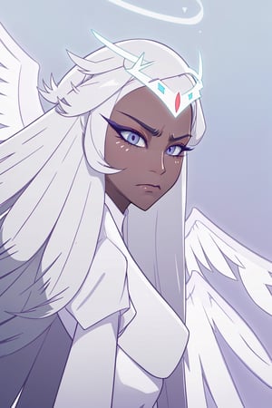 1girl, solo, long hair, closed mouth, upper body, white hair, wings, dark skin, makeup, frown, halo, eyeshadow, angel wings, angel, sera, long face, sharp jaw