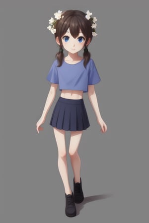 1girl, human, solo, gray plain background, kid, pale skin, brown hair, two ponytails, blue eyes, full body, ((skinny, unhealthily slim)), ((loose clothes, big clothes1.4)), skirt and blue shirt, two white flowers in her hair,