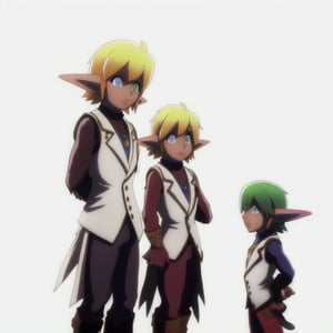 2 people, elves, dark elves, Aura Bella Fiora ,mare bello fiore, girl and boy, standing, comics, white background, full bodies, dressed, tiny