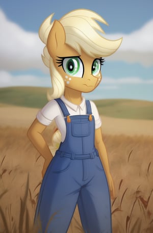 1girl, solo, mlp, my little pony, apple jack, mlpapplejack, masterpiece, standing, wheat field in the background,

((extreme skinny, unhealthy thin, no thights)),
wearing overalls,