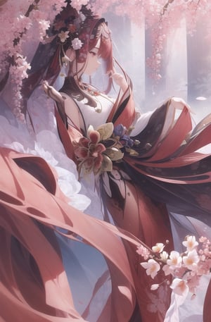 (masterpiece, top quality, best quality, official art, beautiful and aesthetic:1.2), (1girl), extreme detailed,(abstract, fractal art:1.3),highest detailed, detailed_eyes, light_particles, hanfu,jewelry, sexy, ,red,cherry blossom,The left hand's orchid fingers pinch a branch blooming with cherry blossoms,The right hand's orchid fingers lightly pinch the left sleeve