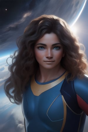 photorealistic,high detail,hyper quality,high resolution,solo,realistic,ultra resolution image,(Wavy hair:1.4),((a 10 years old cute girl)),chubby face,real skin,black_hair,smile,perfect light,sport uniform,full_body,(in the space,flying over the earth),wind,