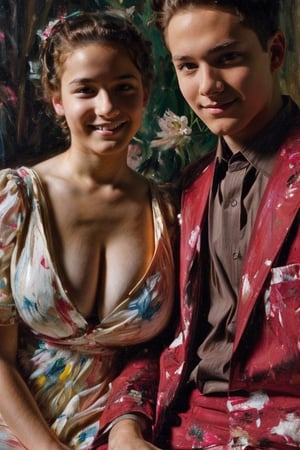 masterpiece, best quality, high detailed, park, ((old photo, photo from the 1950s, old style)), photo of a young girl and her boyfriend, ((teenagers, 16 years old couple)), loking at camera, sitting, very formal photo, formal clothes, ((gigantic size of breasts, cleavage, too large breasts, largest breasts at world)), ((painting, oil paint)), big_natural_breasts
