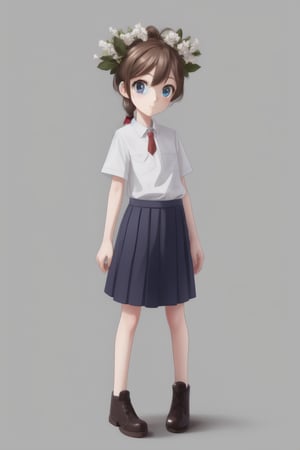 1girl, human, solo, gray plain background, kid, pale skin, brown hair, two ponytails, blue eyes, full body, ((skinny, unhealthily slim)), ((loose clothes, big clothes1.8)), skirt and blue shirt, two white flowers in her hair,