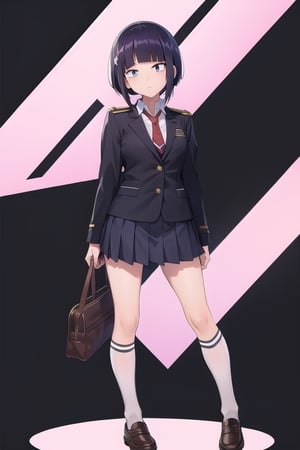 1girl, solo, looking at viewer, short hair, bangs, skirt, school uniform, standing, jacket, full body, pleated skirt, necktie, shoes, socks, blunt bangs, kneehighs, brown footwear, blazer, red necktie, black background, black socks, loafers, arm behind back, u.a. school uniform, jirou kyouka