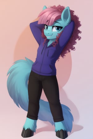 1girl, mlp, anthro pony, furry, blue fur, pink hair, bangs, straight hair, long tail, fluffy curly tail, stand, hooves, proud expression, smirk, hands behind the head, 