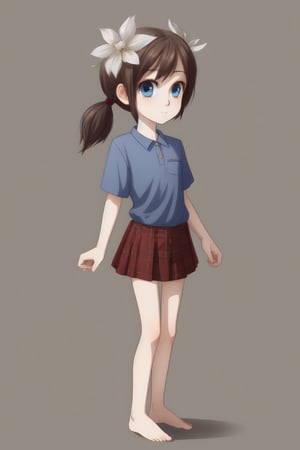 1girl, human, solo, gray plain background, kid, pale skin, brown hair, two ponytails, blue eyes, full body, ((skinny, unhealthily slim)), ((loose clothes, big clothes1.4)), skirt and blue shirt, two white flowers in her hair,