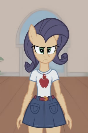 more human, 1girl, mlp, rarity, purple hair, whitr fur, standing, grumpy, front view, ((background is empty room without end)).