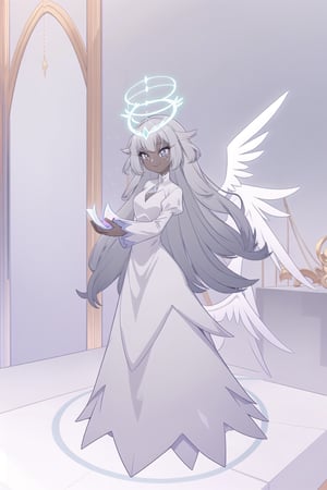 ((masterpiece, best quality, 1girl, solo)), angel, dark skin, grey skin, halo, glowing halo, full body, standing, dark eyes, dark thick eyelashes, long dress, dress, gradient hair, grey hair, smile, happy, face dots, covered neck, sera, wings, multiple wings,