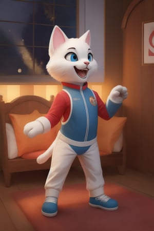 A young woman, dressed as a cartoon cat mascot, stands confidently with her full body visible. She wears a realistic fur onesie that perfectly captures the whimsical spirit of the character. In the background, children play and laugh during a lively kindergarten game session. The warm lighting accentuates her playful expression, while the vibrant colors of the games add a pop of excitement to the scene.