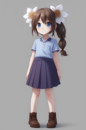 1girl, human, solo, gray plain background, kid, pale skin, brown hair, two ponytails, blue eyes, full body, ((skinny, unhealthily slim)), ((loose clothes, big clothes1.8)), skirt and blue shirt, two white flowers in her hair,