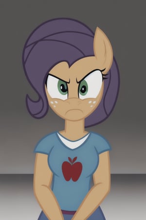 more human, 1girl, mlp, rarity, purple hair, whitr fur, standing, grumpy, front view, ((background is empty room without end)).