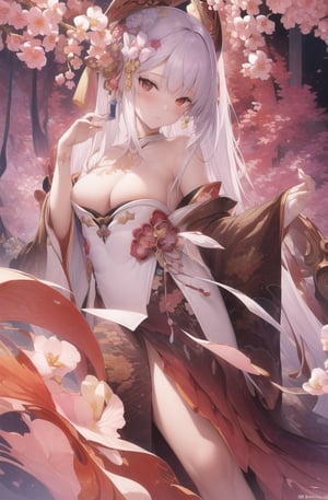 (masterpiece, top quality, best quality, official art, beautiful and aesthetic:1.2), (1girl), extreme detailed,(abstract, fractal art:1.3),highest detailed, detailed_eyes, light_particles, hanfu,jewelry, sexy, ,red,cherry blossom,The left hand's orchid fingers pinch a branch blooming with cherry blossoms,The right hand's orchid fingers lightly pinch the left sleeve