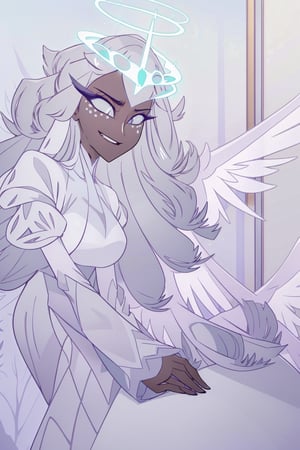 ((masterpiece, best quality, 1girl, solo)), angel, dark skin, grey skin, halo, glowing halo, upper body, face view, dark eyes, dark thick eyelashes, long dress, dress, gradient hair, grey hair, smile, happy, face dots, covered neck, sera, wings, multiple wings, long face, sharp jaw,