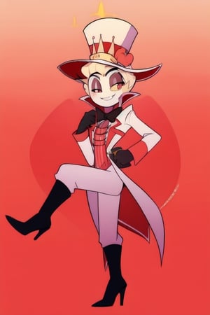 ((masterpiece, best quality)), 1boy, lucifer, full suit, cheeks, smile, thin, high heels, gloves, top hat, full body