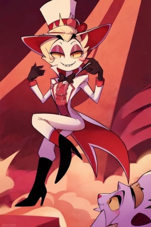 ((masterpiece, best quality)), 1boy, lucifer, full suit, cheeks, smile, thin, high heels, gloves, top hat, full body