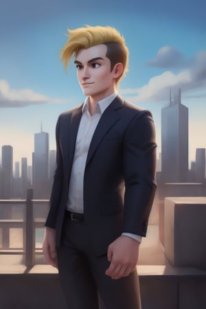 human, girl, masterpiece,  best quality,  highly detailed background,  perfect lighting,  best quality,  (extremely detailed face),  volumetric lighting,  intricate details,  shadow,  tonemapping,  sharp focus,  hyper detailed,  trending on Artstation,  (solo)
BREAK
(1boy, male, black eyes, blonde hair,  muscular male, undercut)
BREAK
(Formal, black pants, black shirt, black coat)
BREAK
(Outdoors, city, sky background)
BREAK
(Looking away, standing, smirk)