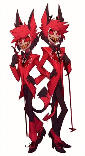 ((masterpiece, best quality)), 1boy, alastor, full body, simple background, demon, red suit, striped, cane, tall, black pants, bow tie, smile, sharp teeth, red eyes, long clothes, multicolored hair, red-black hair, red hair, short hair,alastor