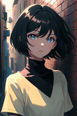 masterpiece, high quality, highres, 2D, illustration, upper body, face focus, 1girl, black hair, bobcut, bangs, blue eyes, closed mouth, black shirt, short sleeves, turtleneck, city, standing in an alley