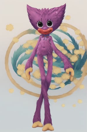 kissymissy, 1girl, tall, skinny, furry, fur, pink fur, yellow hands, yellow feet, long arms, long legs, ((simple art background)), smile, happy, looking at viewer, big lips, red lips, black eyes, big eyes, cute, horror game