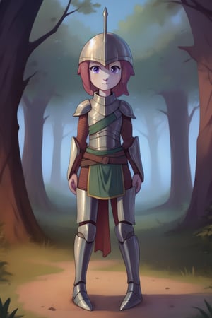 1girl, middle ages, metal armor, knight, knight armor, full knight armor, metal from head to toe, female knight, no helmet, long brown hair, beautiful face, young face, slim, beautiful purple eyes, forest in the background, stand clearing road,