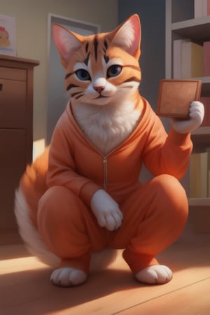 A playful kindergarten teacher, dressed as a cartoon cat, wears a vibrant orange onesie with bright yellow whiskers and matching ears. Her long, fluffy tail swishes behind her as she crouches down to engage with children playing board games on colorful mats. The realistic fur texture glistens in the soft morning light, filling the frame with warmth.