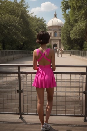 ((masterpiece, best quality, official art, hdr, high contrast, view from the back)), 1girl, solo, tiny girl, short, thin, short hair, tight clothes, pink summer dress, zoo, stand back, lean on the railing, look at animal enclosure,photorealistic