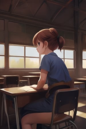 ((masterpiece, best quality, official art, hdr, high contrast, view from the back)), 1girl, solo, school, man, short girl, playing on desk, crossed legs