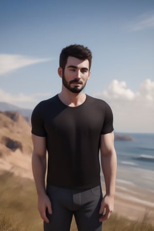 human, girl, solo, short hair, shirt, black hair, 1boy, standing, short sleeves, male focus, outdoors, sky, day, pants, cloud, blue sky, black shirt, facial hair, black pants, sunlight, t-shirt, realistic, photo background,Pectoral Focus