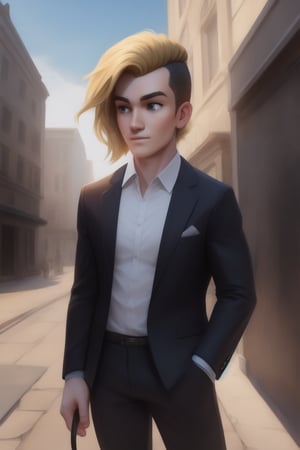 human, girl, masterpiece,  best quality,  highly detailed background,  perfect lighting,  best quality,  (extremely detailed face),  volumetric lighting,  intricate details,  shadow,  tonemapping,  sharp focus,  hyper detailed,  trending on Artstation,  (solo)
BREAK
(1boy, male, black eyes, blonde hair,  muscular male, undercut)
BREAK
(Formal, black pants, black shirt, black coat)
BREAK
(Outdoors, city, sky background)
BREAK
(Looking away, standing, smirk)