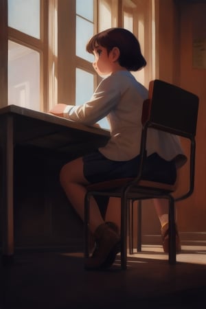 ((masterpiece, best quality, official art, hdr, high contrast, view from the back)), 1girl, solo, school, man, short girl, playing on desk, crossed legs