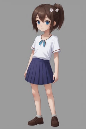 1girl, human, solo, gray plain background, kid, pale skin, brown hair, two ponytails, blue eyes, full body, ((skinny, unhealthily slim)), big clothes, too loose clothes, too big skirt, huge blue shirt, two white flowers in her hair,