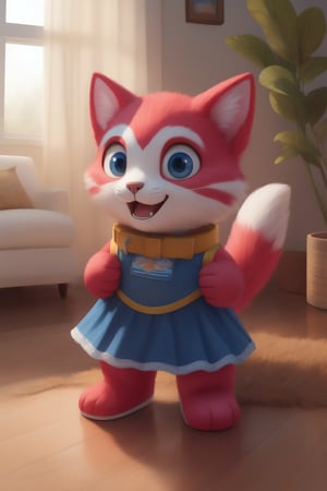 A young woman dressed as a cartoon cat, with vibrant, realistic fur and a playful expression, stands full-body in a colorful kindergarten setting. She wears a matching mascot costume, complete with a fluffy tail and oversized collar. In the background, children enthusiastically play with toys and games, adding to the lively atmosphere. Soft, natural lighting illuminates the scene, with gentle shadows accentuating the subject's features.