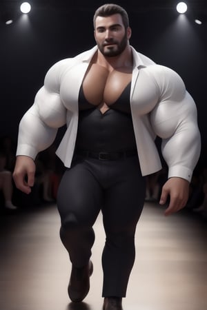 human, masterpiece, best quality, 8k, 1man, (front Photo), shiny skin, facial hair, walking on fashion show runway stage, wearing white sheer suit, highly detailed face and skin, realistic, mature, stubble, muscular, huge pecs, handsome, male focus, light particles, rim light, Use light to shine through clothes to reveal muscle contours, full body, skin color shows through the fabric of clothes,