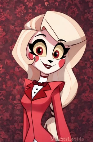 ((masterpiece, best quality, very detailed)), 1girl, charlie morningstar, smile, looking at viewer, red suit, vivziepop style, ((pilot episode)),