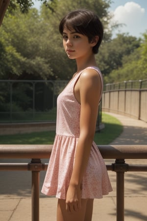 ((masterpiece, best quality, official art, hdr, high contrast)), 1girl, solo, tiny girl, short, thin, short hair, tight clothes, pink summer dress, zoo, stand back, lean on the railing, look at animal enclosure,REALISTIC