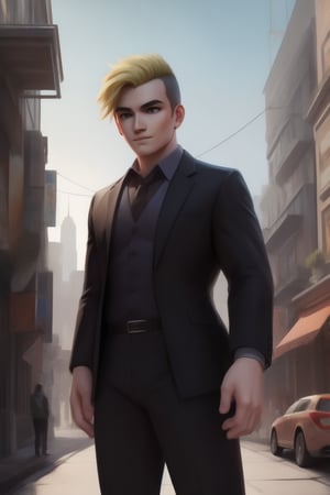 human, girl, masterpiece,  best quality,  highly detailed background,  perfect lighting,  best quality,  (extremely detailed face),  volumetric lighting,  intricate details,  shadow,  tonemapping,  sharp focus,  hyper detailed,  trending on Artstation,  (solo)
BREAK
(1boy, male, black eyes, blonde hair,  muscular male, undercut)
BREAK
(Formal, black pants, black shirt, black coat)
BREAK
(Outdoors, city, sky background)
BREAK
(Looking away, standing, smirk)