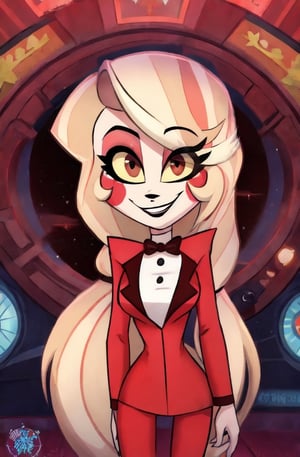 ((masterpiece, best quality, very detailed)), 1girl, charlie morningstar, smile, looking at viewer, red suit, vivziepop style, ((pilot episode)),