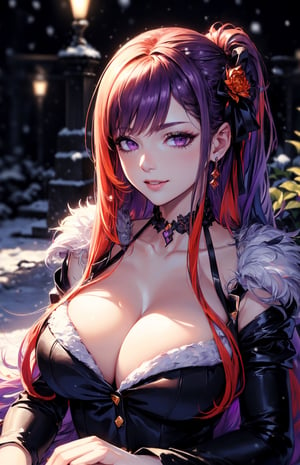 (((fantasy setting, fantasy snow garden background:1.3))), (long multicolor hair, transition hair, two tone hair, purple hair, orange hair:1.2), (longhairstyle:1.4), ((pale_skin)), ((purple eyes)), ((1 mature woman)), (busty), large breasts, best quality, extremely detailed, HD, 8k, (happy face), (happy eyes),dress,1 girl