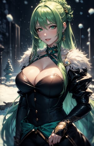 (((fantasy setting, fantasy snow garden background:1.3))), (((long green-hair:1.3))), (longhairstyle:1.4), ((pale_skin)), ((green eyes)), ((1 mature woman)), (busty), large breasts, best quality, extremely detailed, HD, 8k, (happy face), (happy eyes),dress,1 girl