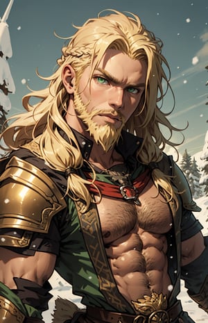 ((viking armor)), (((blonde long hair:1.3))), ((beard:1.3)), ((gray-green_eyes)), ((1 mature man)), (muscular male), ((male focus)), best quality, extremely detailed, HD, 8k, pectoral lift, pectorals, 1boy, Sexy Muscular,Male focus, abs, ab_lines, fit, muscular_body, Muscular, ,marb1e4rmor, (snow battle field background), 33yo