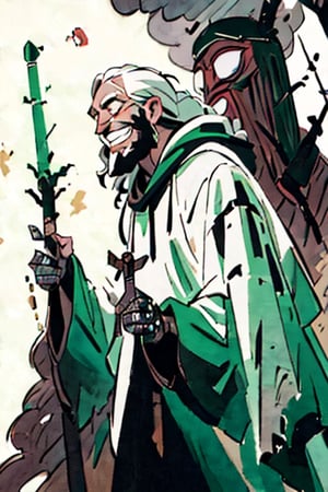 (best quality, masterpiece), portrait of a old man wizard, strong, curly white hair. large face. long beard. white beard. giant nose. nose disproportionately larger. black eyes. a grin smile. photography medieval robe. cinematic light, looking to the side off camera, backlight green glow, green, gold_(metal), mist, by mikhail vrubel, by philippe druillet, by peter elson, by gerald brom, by Richard Alan Schmid, muted colors, extreme detail. in the background there is a castle,inksketch,drow, chaotic person, french nose, cascina caradonna,sketch,vectorstyle